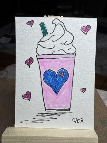 ACEO Original Love a Frappuccino Acrylic Marker & Ink Signed Emmyjocreatesart