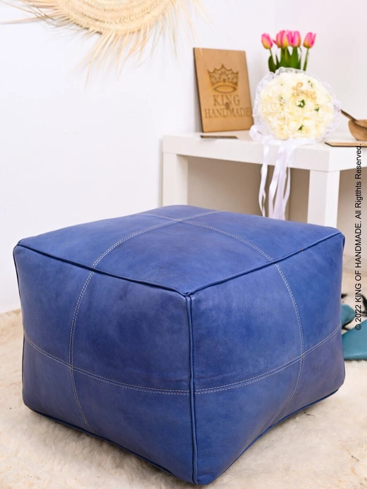 Moroccan Handmade Genuine Leather Unstuffed  Pouf Ottoman Footstool Pouffe Blue - Image 2 of 4