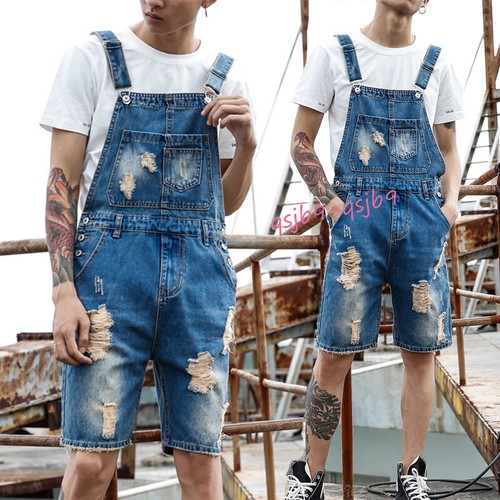 Fashion Men Denim Overalls Ripped Jeans 