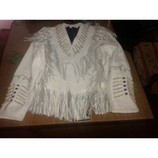 Women Western Cowgirl Suede Jacket Leather Fringe Beads Bone Style