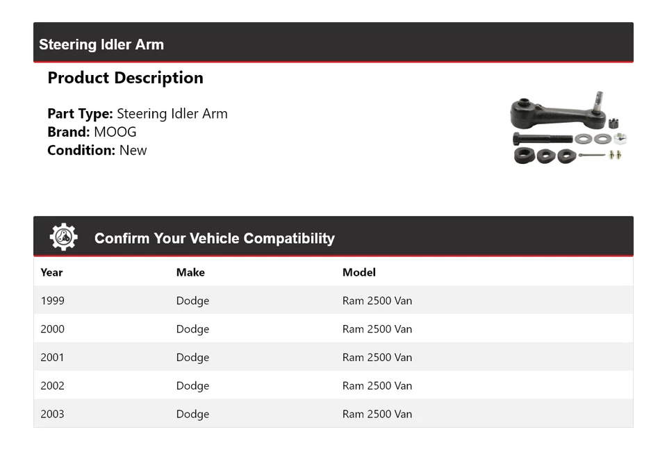 For 1999-2003 Dodge Ram 2500 Van Steering Idler Arm MOOG 1999 2000 2001 2002 - Image 2 of 4