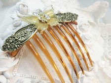 Vintage Brass Butterfly Rhinestone French Hair comb with Spoon parts Stunning