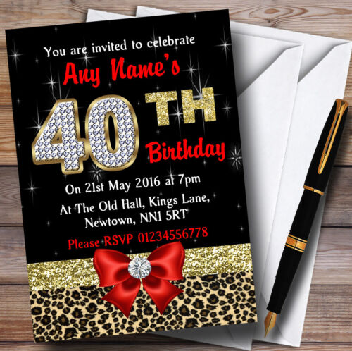 Red Diamond And Leopard Print 40Th Birthday Party Personalised Invitations - Afbeelding 1 van 1
