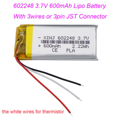 3.7V 600mAh Li-Ion Battery with 2.22Wh, NTC Thermistor & JST 3-Pin Plug (602248)