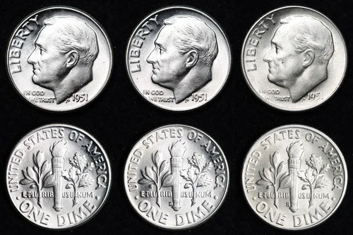 1951-PDS 3 PC Lot Roosevelt Silver Dime AU/UNC or BETTER - Complete Your Album!