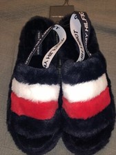 BNWT Tommy Hilfiger Women s Slides DARK BLUE FAUX FUR SZ 7 8 BACK STRAP
