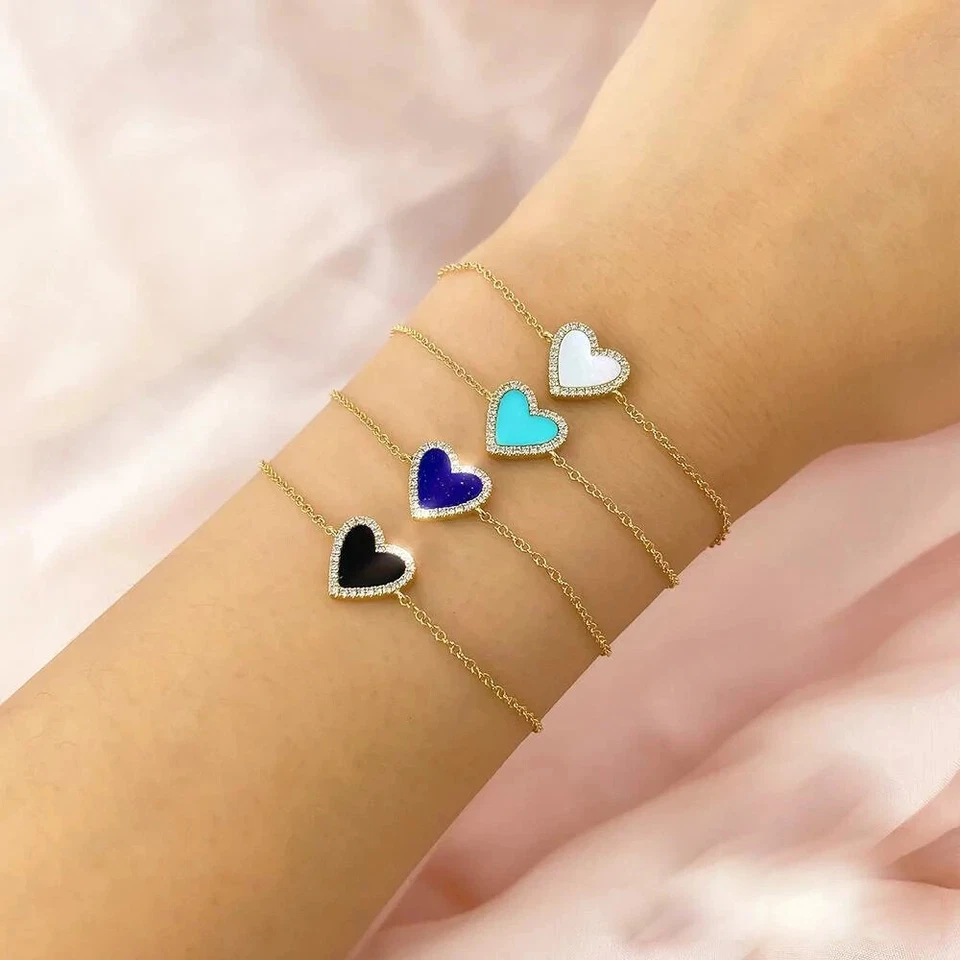 Brazalete Corazón Negro Ónix Diamante Oro Blanco 14K Natural 0.67 TCW Ajustable Foto 2 de 2