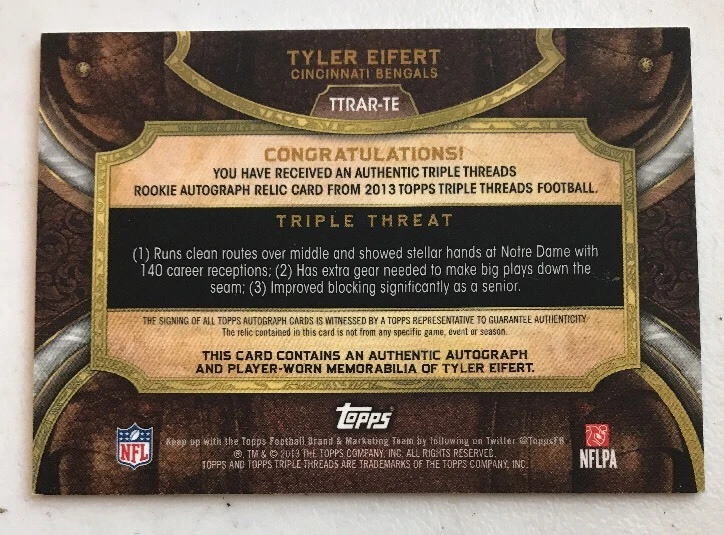 2013 TOPPS TRIPLE THREADS FOOTBALL TTRAR-TE TYLER EIFERT PATCH AUTO RC 4/25 - Image 2 of 2
