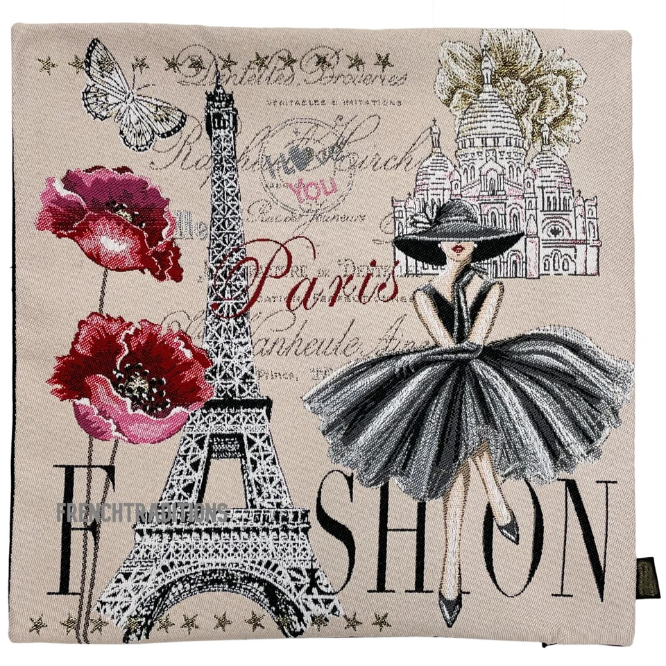 Funda de Almohada Francesa Hecha a Mano, Moda París y Amapolas 16 X 16 Hecha en Francia Foto 2 de 4