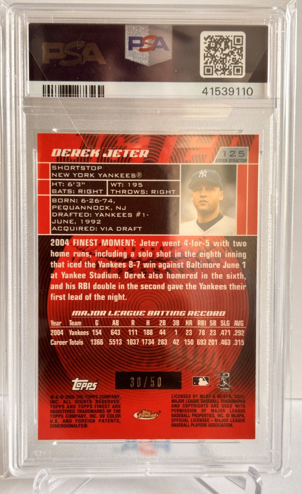 2005 Topps Finest - Derek Jeter #125 Green X-Fractor Refractor  /50 PSA 10 Gem! view 2