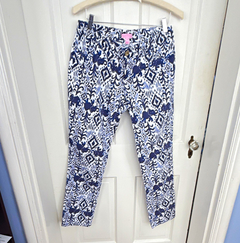 Lilly Pulitzer Women’s Animal Print Flat Front Pants Blue/White Button Size 10