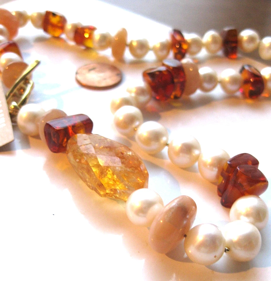 Collar Chan Luu Perla Blanco Naranja Ópalo Apatita Melocotón Piedra Lunar Oro Nuevo con Etiquetas $375 Foto 4 de 4