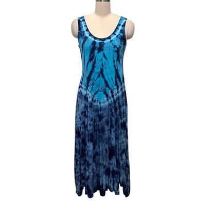 American South Side Blue Tie Dye Midi Dress Cotton Boho Hippie Resort Peru Sz M