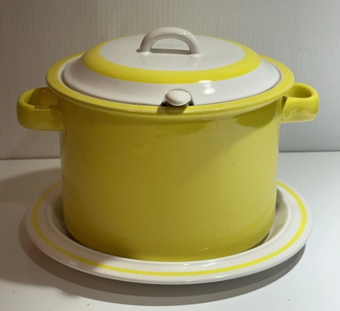 Vintage Ceramic Stone Crock Stew Soup Pot Cooker W/ Spoon Plate & Lid Set Japan
