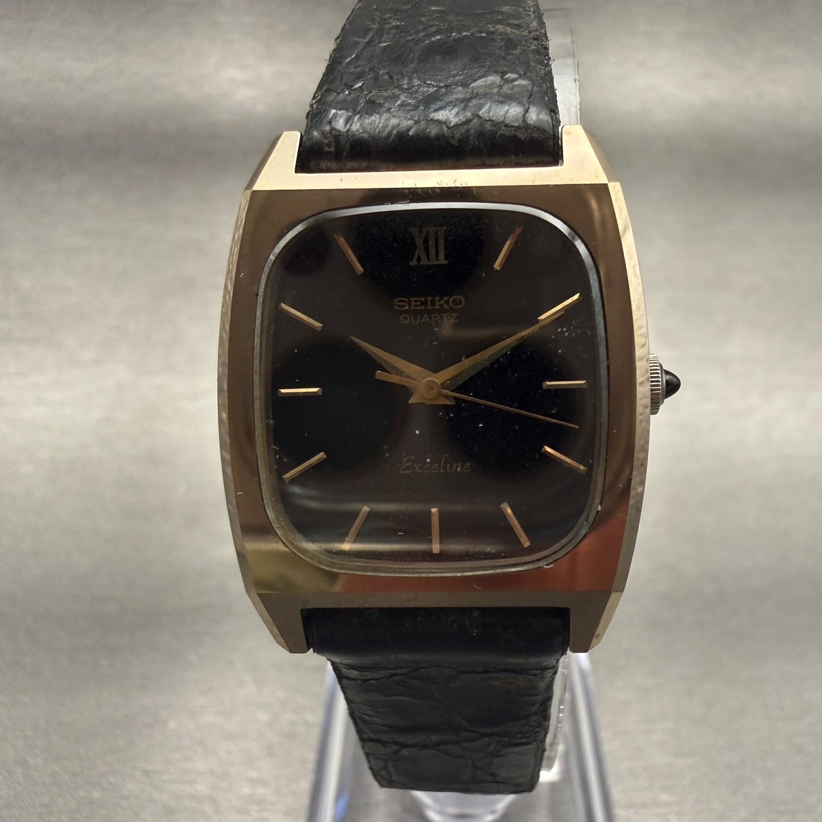 Seiko Exceline Watch Men 24mm Black Dial Gold Tone Rectangle 1421