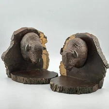 Hand Carved Wooden Bison Buffalo Bookends Rustic Live Edge Walnut