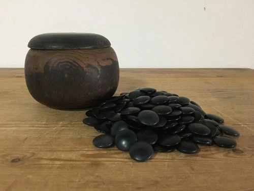 Q1381 Vintage Japanese Go Game Stones Black with Wooden Storage Bowl Set
