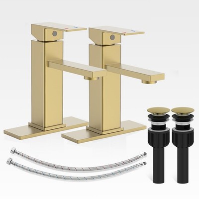 Bathroom Sink Faucet, Brushed Gold Bathroom Faucet 3 Hole with Pop-up Drain a...