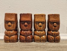 4 Vintage Brown Ceramic Tiki Shot Glasses Pea...