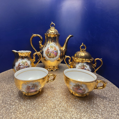 Verno Bavaria Porzellan Tee-Set 5-teilig goldfarben/weiß mit Motiv, glänzend