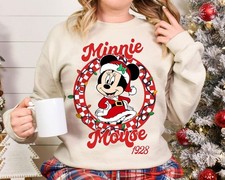 Santa Minnie Mouse Est 1928 Checkered Christmas Lights Happy Holidays Sweatshirt