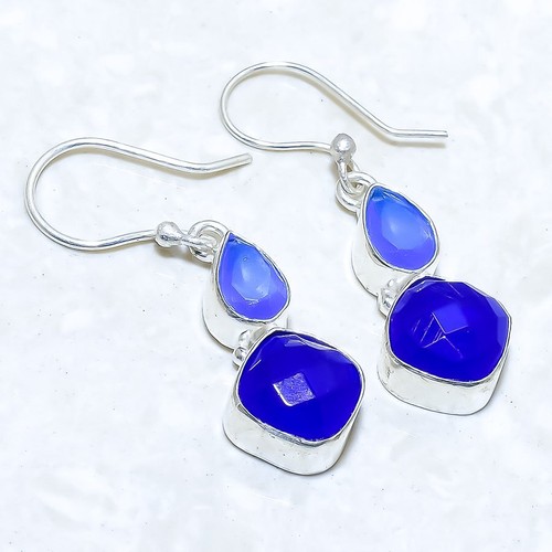 Boucles D'oreilles Argent Sterling Avec Pierre Triangle Bleu - Style Ethnique, Occasion