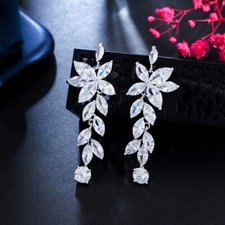 Women Delicate Silver Plated Cubic Zirconia Drop Dangle Leaf Earrings for Bridal