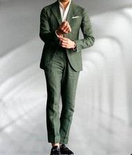 Men Linen Suit Green 2 Piece Casual Party Prom Groom Tuxedo Wedding Suit Custom