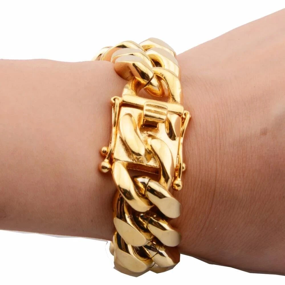 8 18mm Gold Plated Stainless Steel Curb Cuban Link Chain Bracelet for Men
