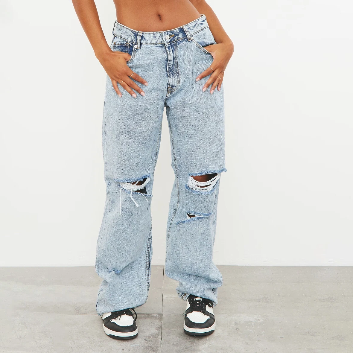 PrettyLittleThing Light Blue Acid Wash Baggy Ripped Low Rise Boyfriend  Jeans