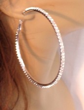 LARGE 3.25 INCH HOOP EARRINGS CRYSTAL HOOPS RHINESTONE SILVER RHODIUM THIN HOOPS