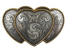 Engraved Triple Hearts Gold / Sterling Silver Plated Ladies' Western Belt Buckle