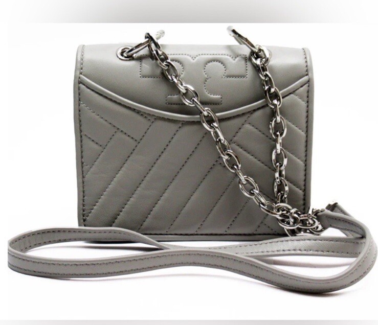 Tory Burch Alexa Quilted Mini Gray Leather Shoulder Bag Chain