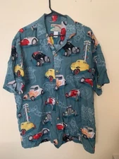 Paradise Found Roadster Racing Print Hawaiian Camp Shirt XL 100% Rayon Hot Rod