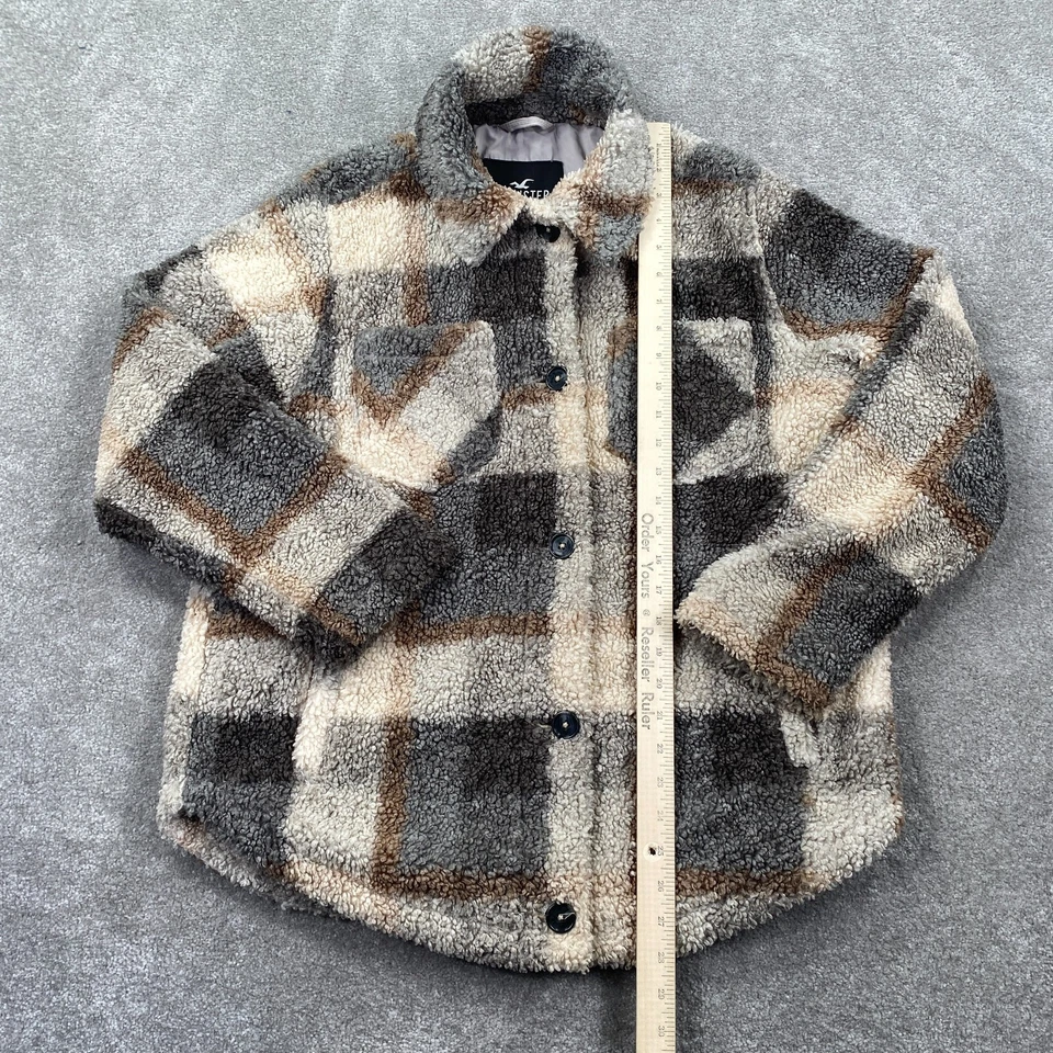 Hollister Teddy Plaid Faux Sherpa Lined Pea Coat Women's Size S Ivory Gray - Image 4 of 4