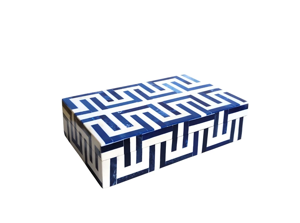 Blue & White Bone Inlay Decorative Box | Geometric Handmade Indian Jewelry Box | - Image 2 of 4