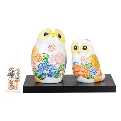 Paar Fukuro Kutani Yaki Porzellan Japanisch Eule Verzierungen Mori Kunst Weiß
