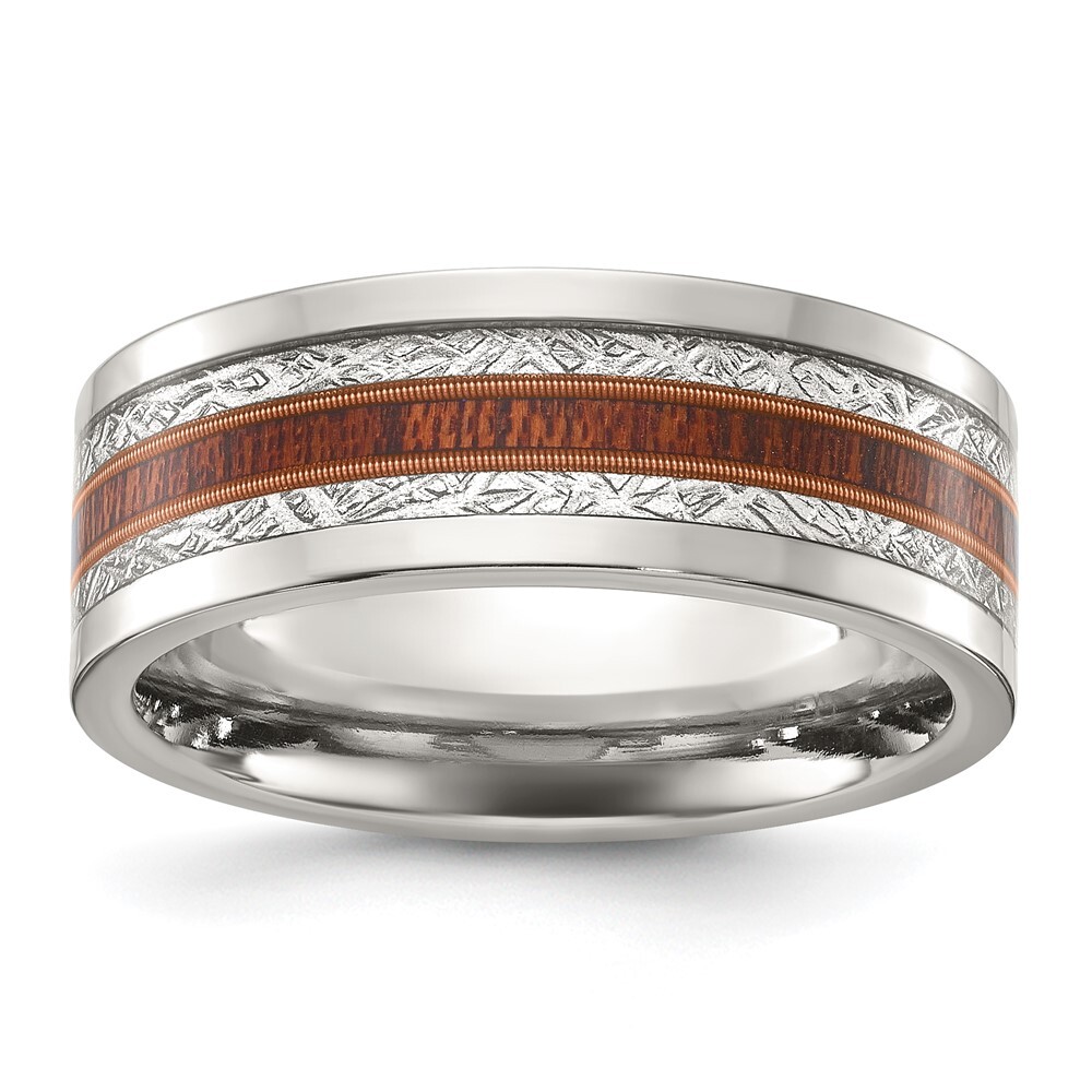 Titanium Polished with Wood and Imitation Meteorite Inlay 8mm Band Ring Size 8