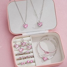 14pcs Pink Crystal Heart Jewelry Set Necklace Earrings Ring Bracelet Wedding Gif