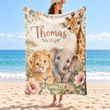 Giraffe Lion Elephant Floral Watercolor Coral Fleece Blanket Bedroom Decor