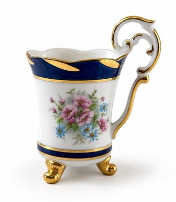Amfora Bohemia Czech Republic Porcelain Footed Teacup Floral Cobalt Blue Gold