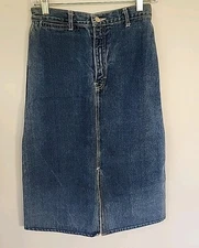 Vtg Denim Knee Skirt Y2K Midi 90s Retro High Waist slit front 9/10 Slash Pockets