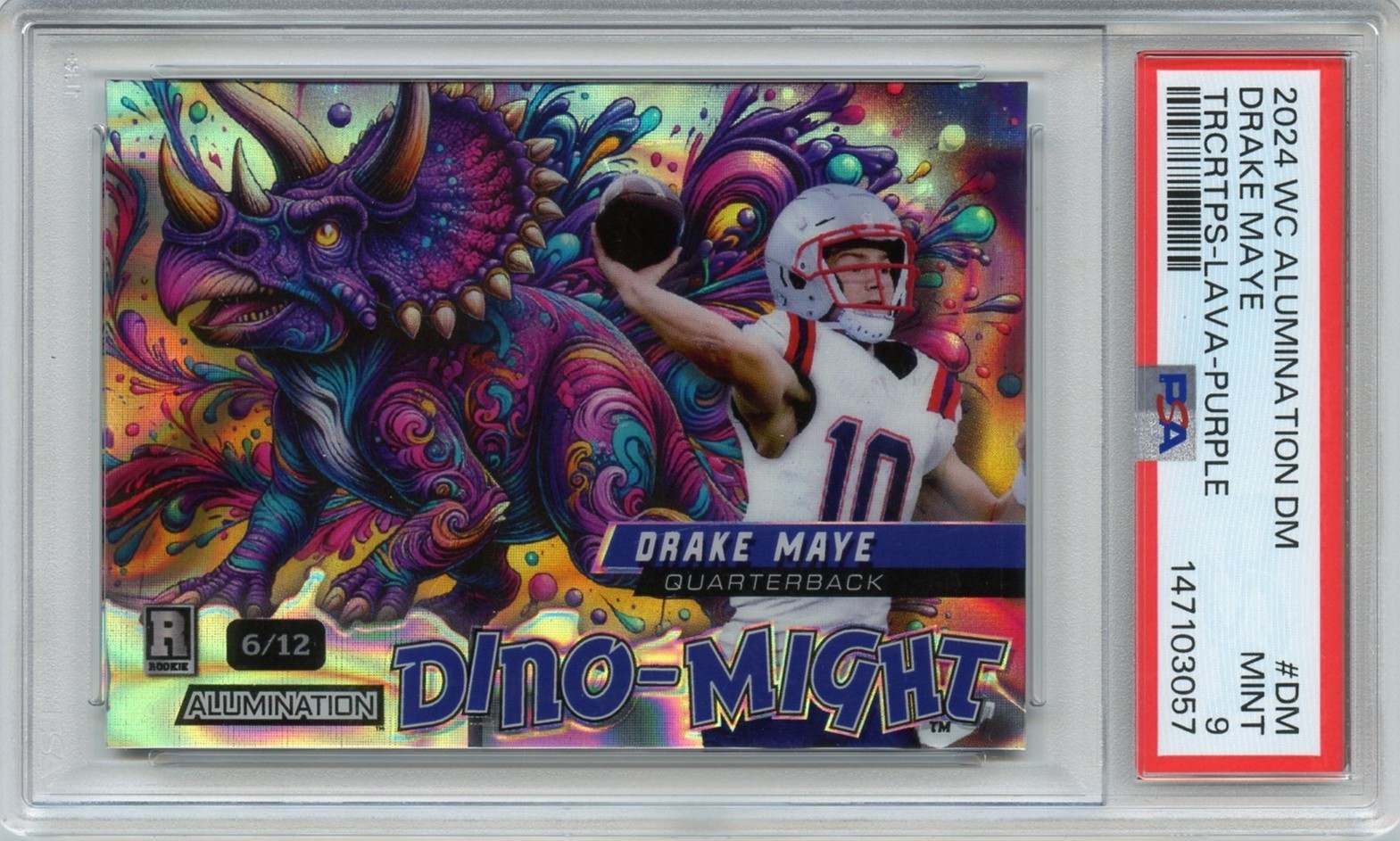 Drake Maye Wild Card Alumination Dino-Might #DM Triceratops-Lava Foil-Purple