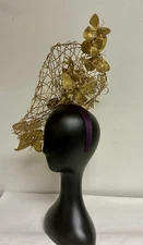 Gold Butterfly Royal Ascot Kentucky Derby Twirl Mesh Large Fascinator Hat