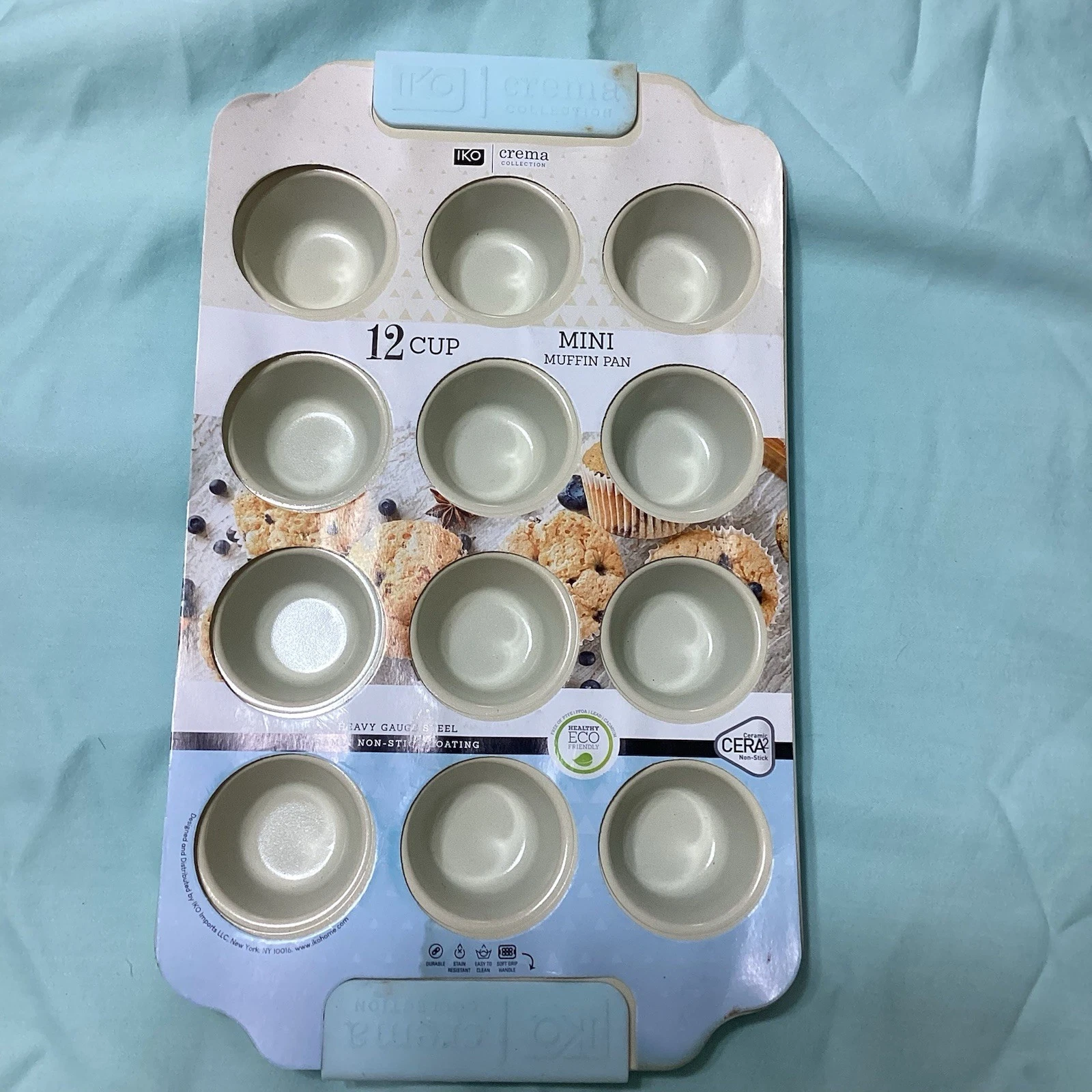 IKO Crema Collection 12 Cup Mini Heavy Gauge Steel Ceramic Non Stick Muffin Pan