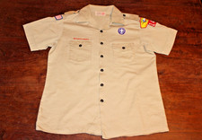 Boy Scouts of America BSA Men's Shirt Tan Large 100% Cotton Sewn Patches