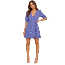 Reformation Purple Floral Wrap Mini Dress Short Puff Sleeve V-Neck Size Medium