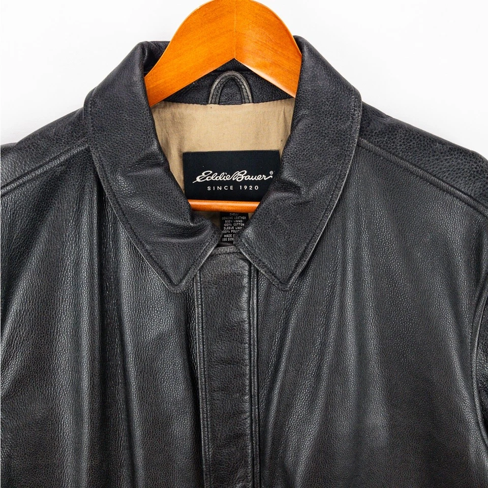 Leather Bomber Jacket Men’s L Black Brass Zipper Classic Flight | Eddie Bauer - Image 2 of 4