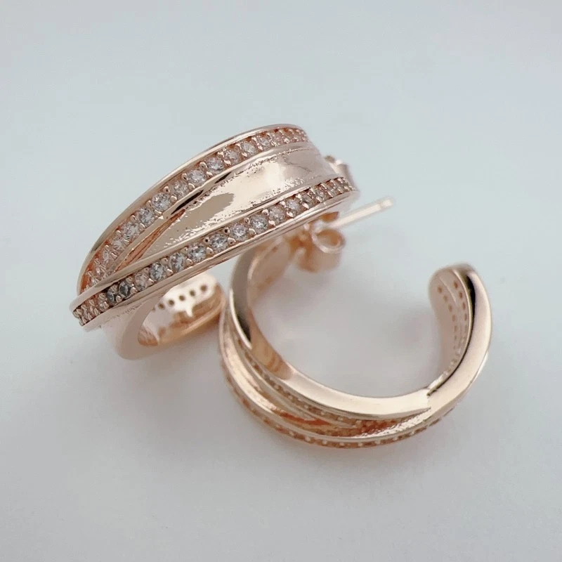 1pair Rose Gold Plated Shining Lines Entwined Pave CZ Hoop Earrings 280730CZ - Image 3 of 4
