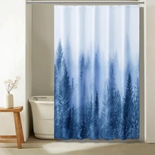 60x72 Inch Misty Forest Stall Shower Curtain Waterproof Blue Narrow Pine Tree